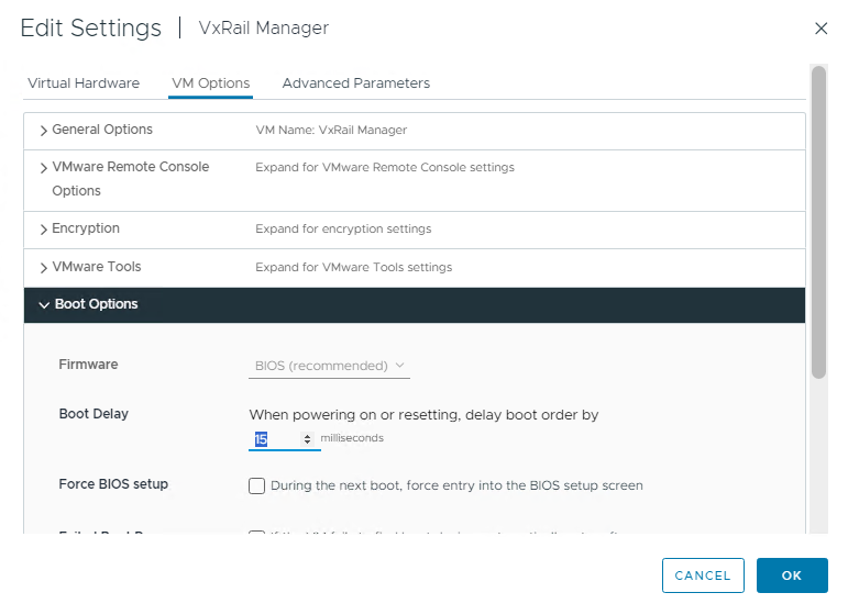 Impostazioni di modifica dell'interfaccia utente della macchina virtuale di VxRail Manager per configurare un ritardo di avvio