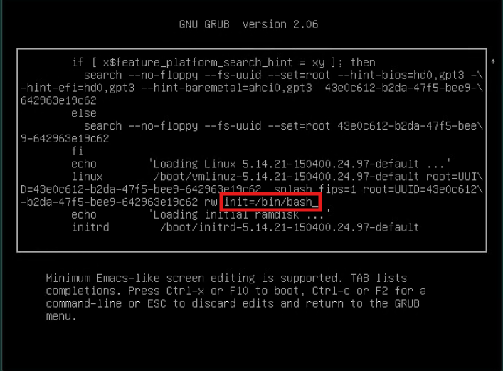 Opdracht om init=/bin/bash toe te voegen