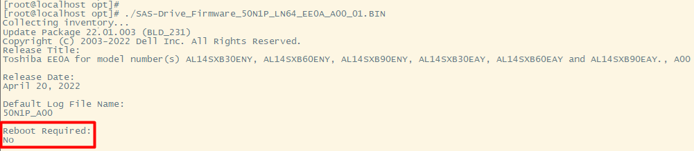 Esempio di esecuzione del file BIN del firmware indicante che il riavvio richiesto No