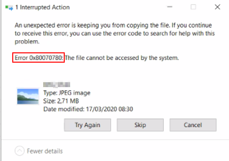 Falha ao copiar o arquivo do ponto de montagem FLR com o erro 0x80070780