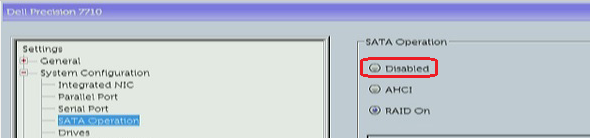 在 Precision 7710 BIOS 或 UEFI 中将“SATA Operation”设置为“RAID On”