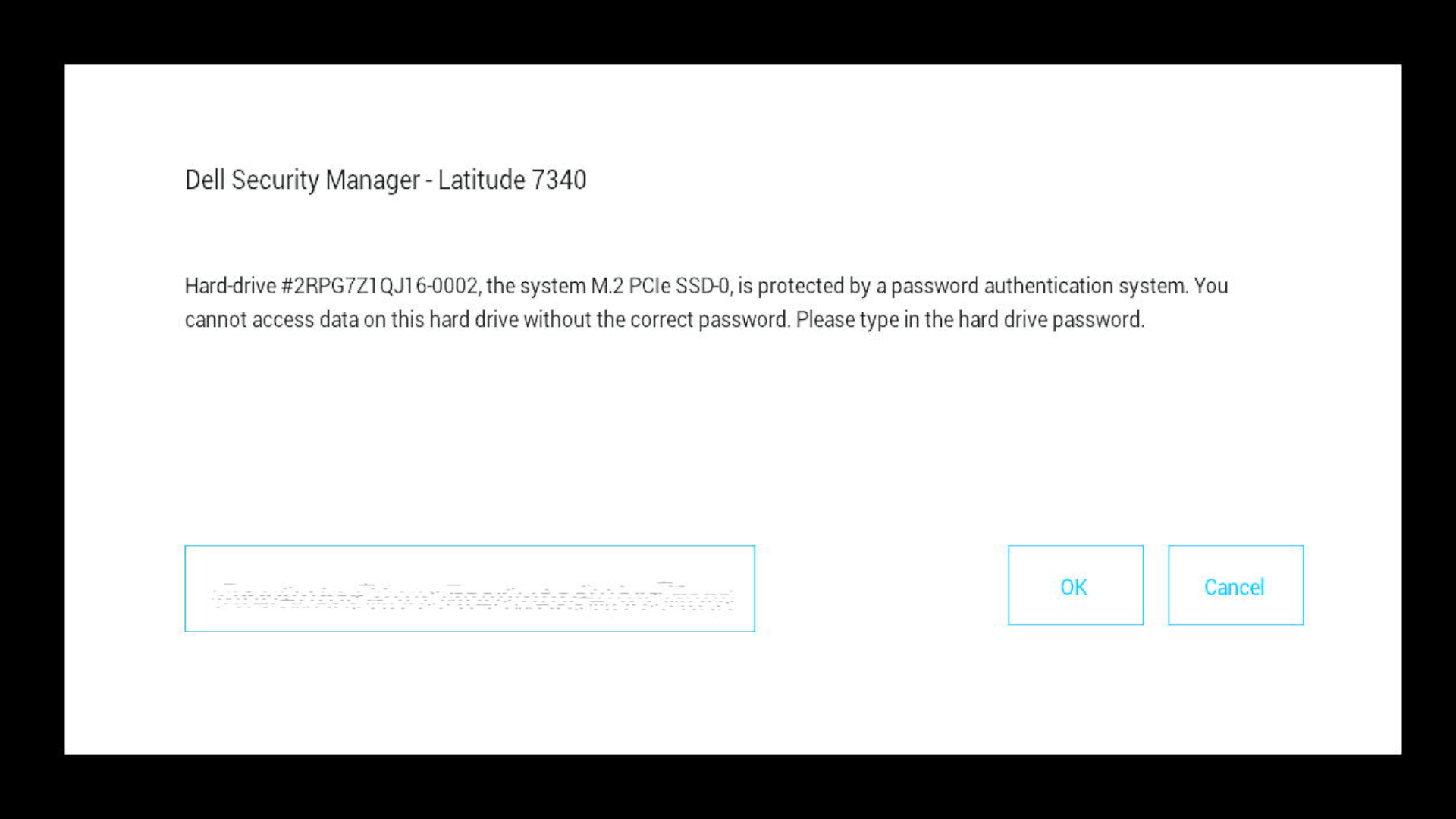Latitude 7340'ta M.2 PCIe SSD'nin sabit sürücü parolası için başlatma sırasında Dell Güvenlik Yöneticisi istemi