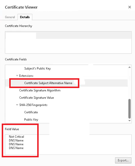 Review DNS hostnames associated with the certificate: