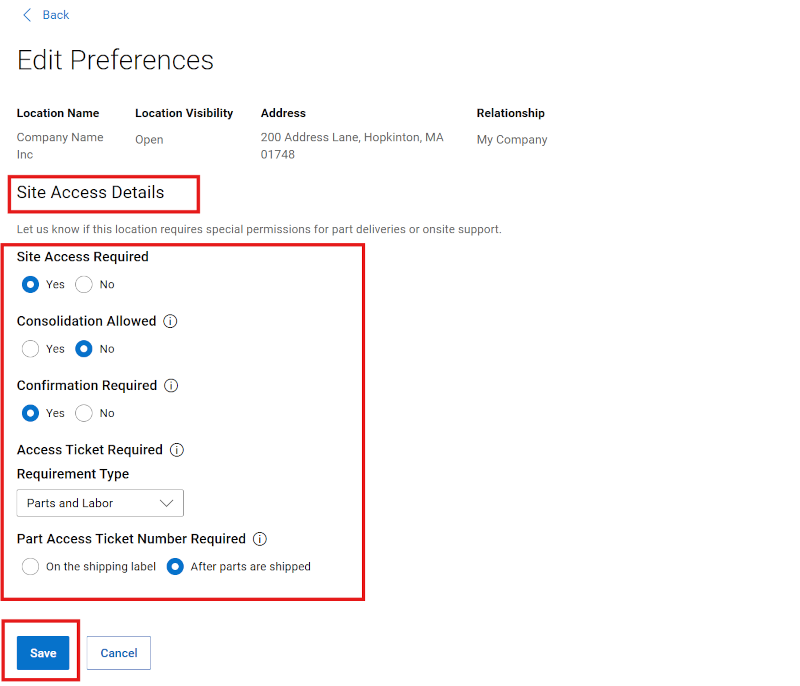 Location Preferences Site Access Details Save