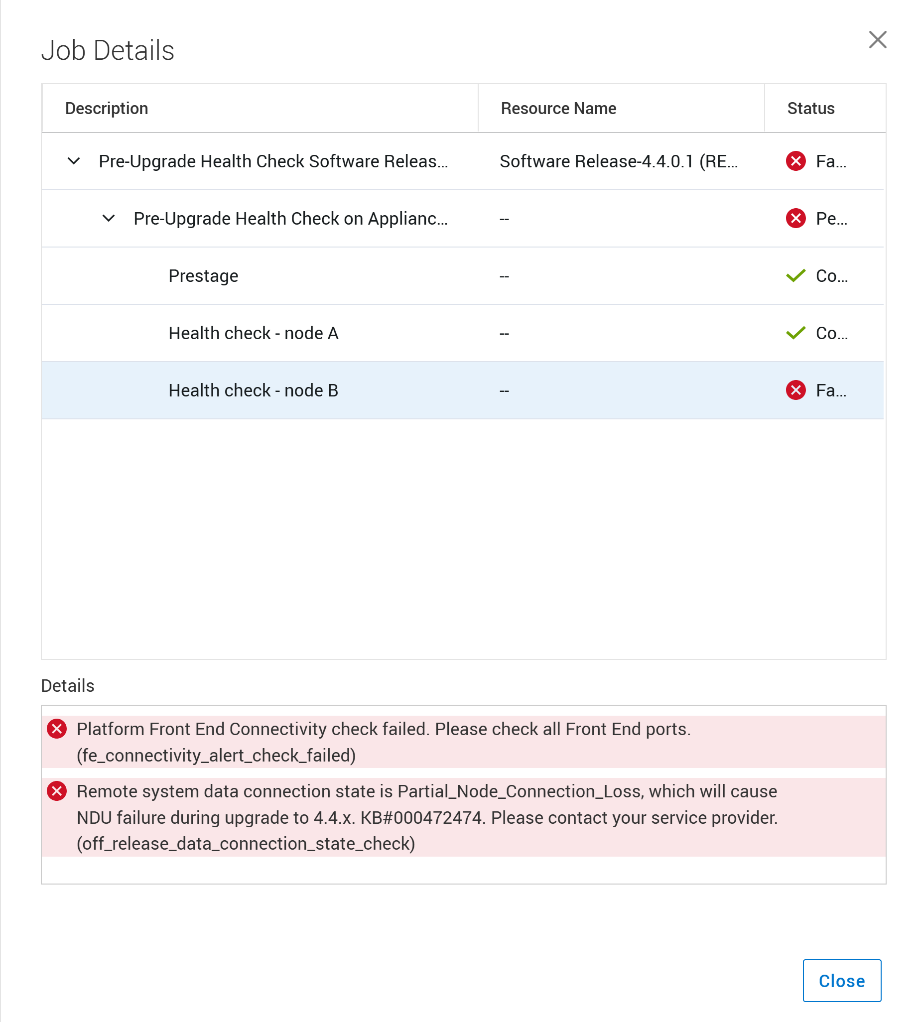 Screenshot of Health Check Job Details