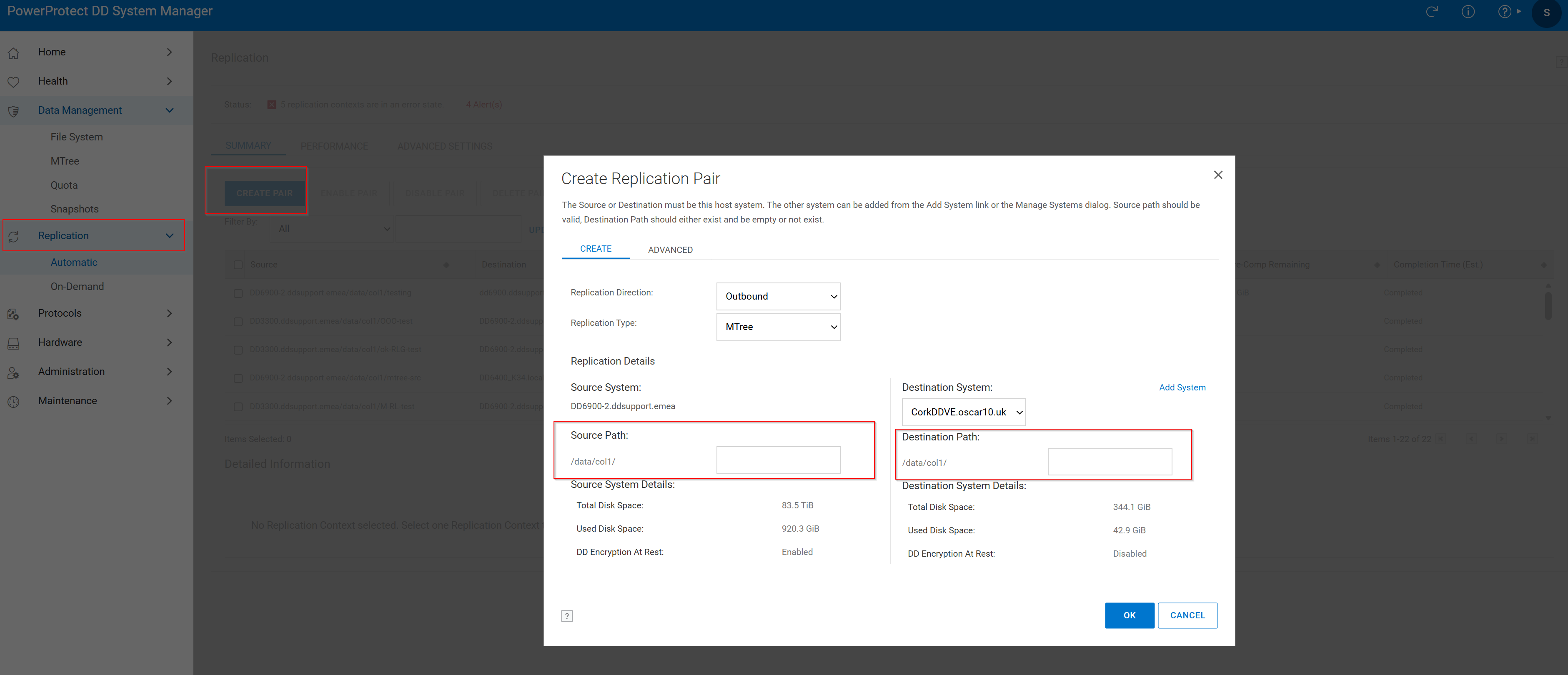 Creating the replication pair