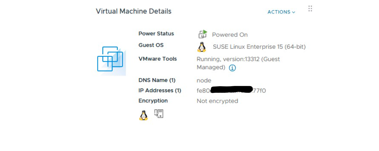 Figur 1: Grænseflade med oplysninger om virtuel maskine i vSphere, der viser status og konfigurationer