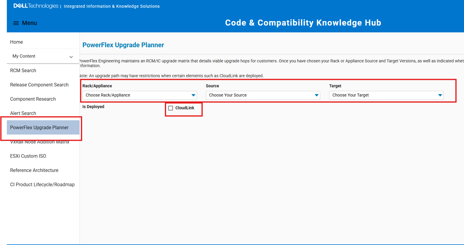 PowerFlex Upgrade Planner screen