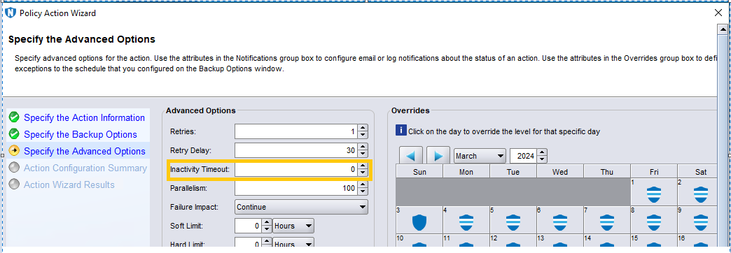NetWorker Policy Action Wizard showing inactivity timeout value being set to 0