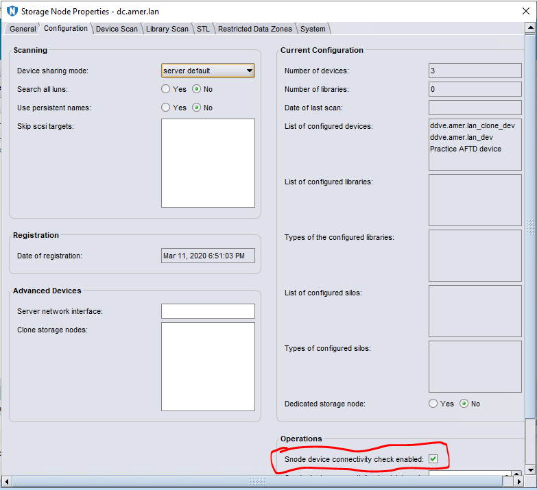 Storage Nodes Properties > Clearing the Snode Device Connectivity Checkbox