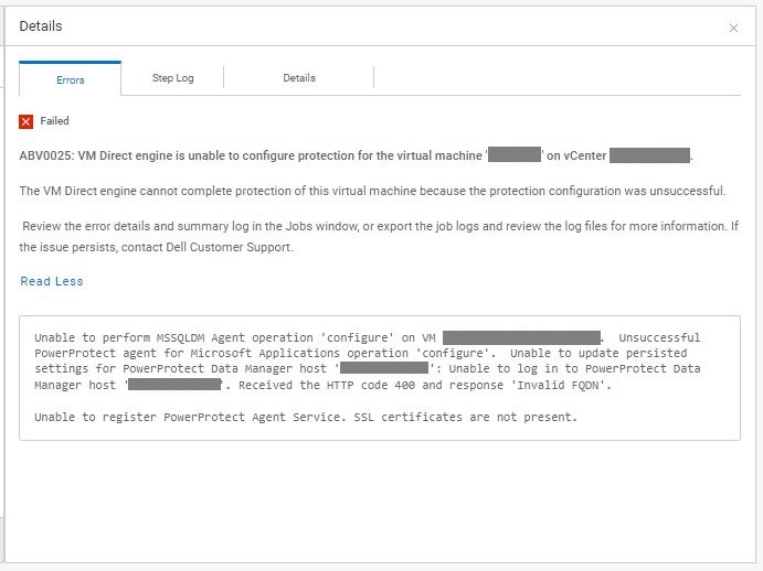 Screenshot of error message ABV0025 indicating that unable to register the PowerProtect Agent Service.