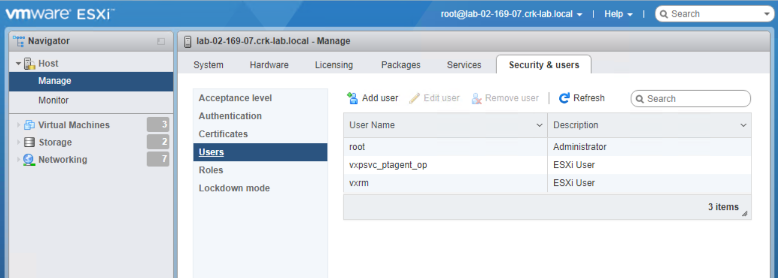 Screenshot from the esxi host login showing the users.