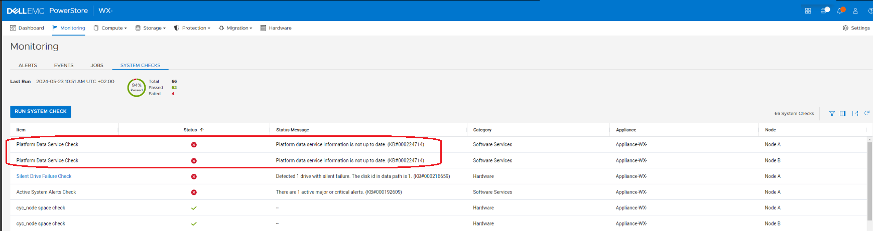 Output of clicking System Check button from the PowerStore Manager's Monitoring window