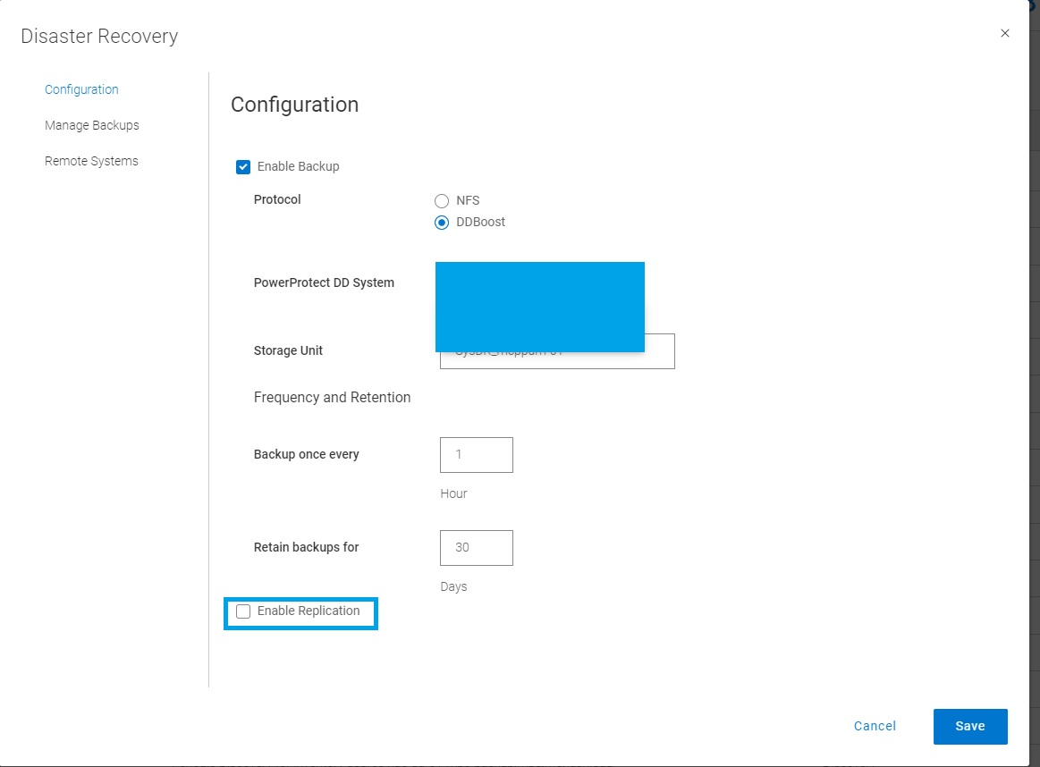 Disaster Recovery Configuration menu in UI