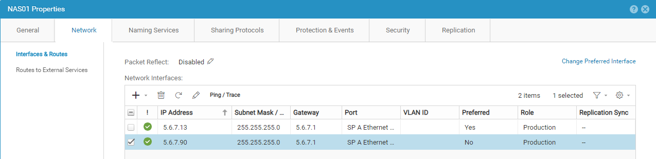 Captura de tela das propriedades do NAS e das interfaces configuradas