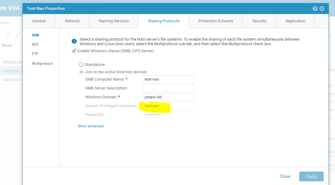 Application des informations d’identification dans l’onglet Serveur NAS