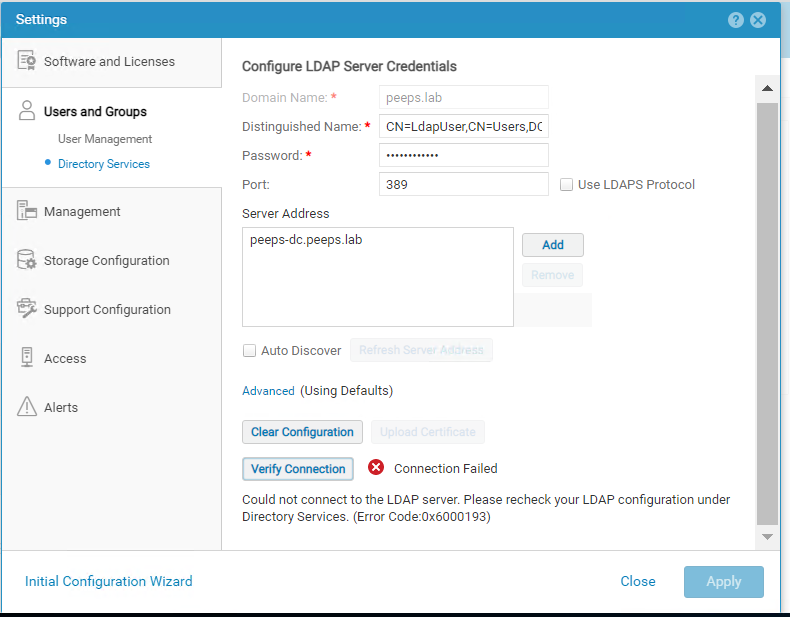 Tela de configuração LDAP