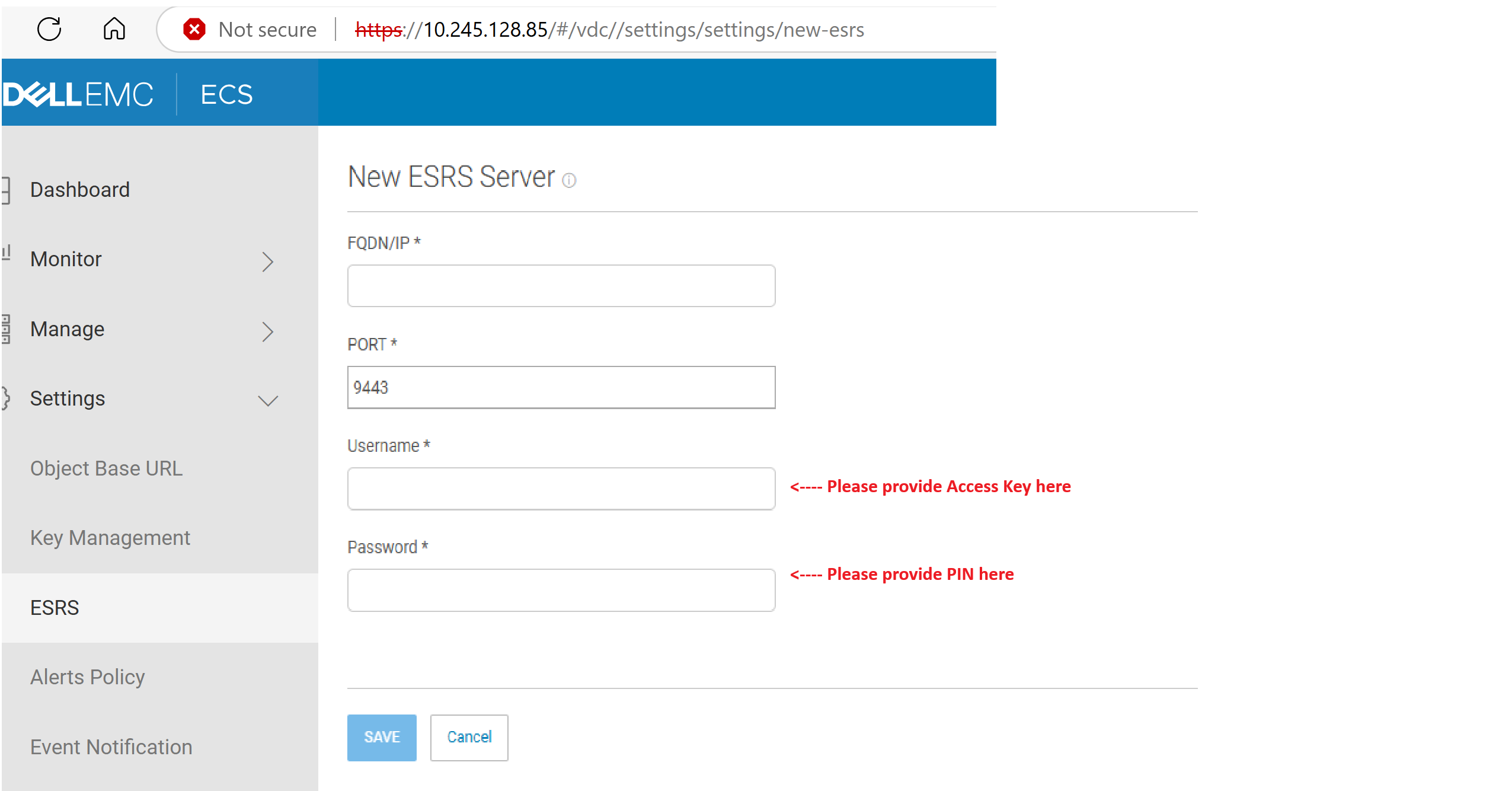 Přihlaste se do rozhraní ECS a přejděte do nabídky Settings → ESRS.