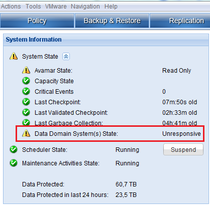 In der Avamar Administratorkonsole angezeigte Systemstatus