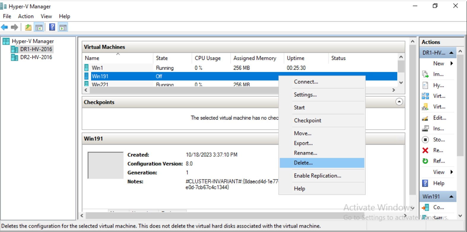 Step 2:- After “Turn off”, right click on the VM and click on “Delete”