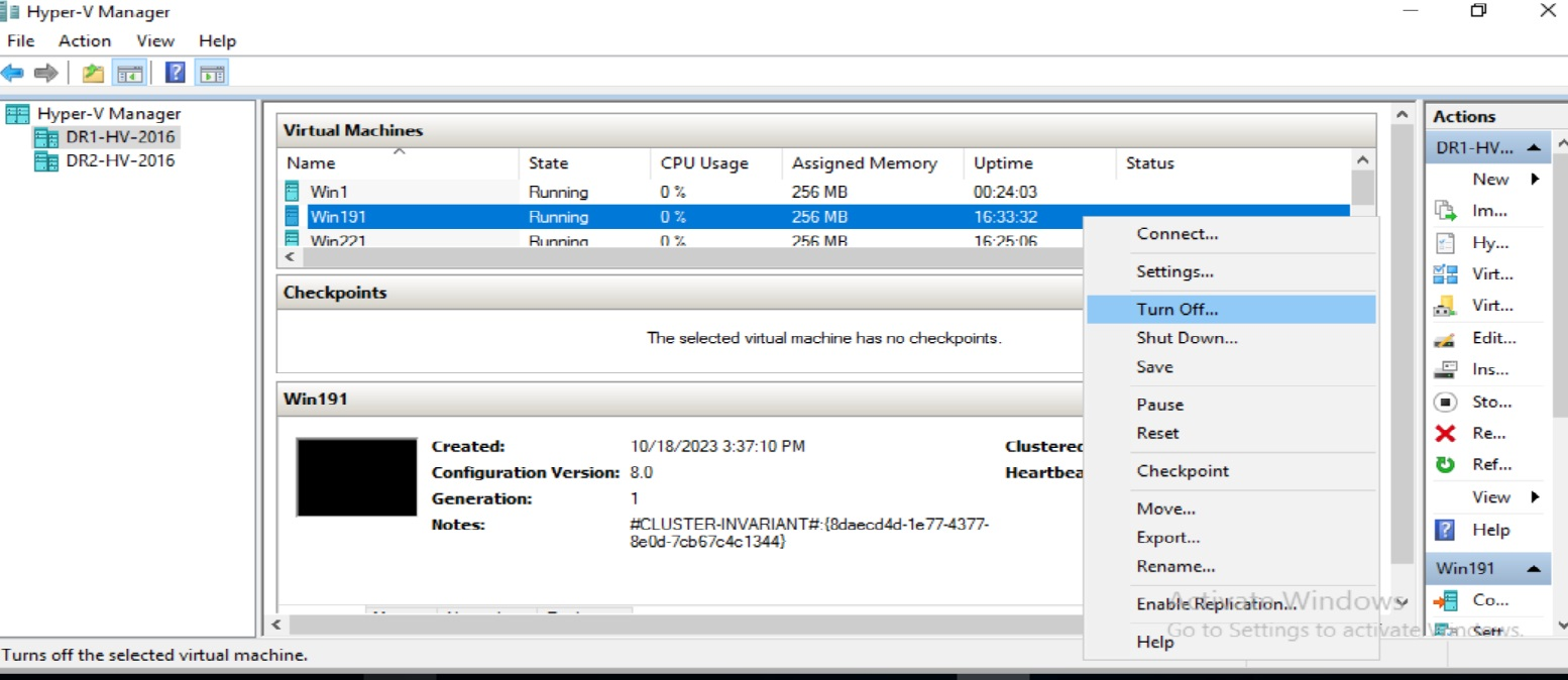 步驟1：- 打開Hyper-V manager，右鍵按兩下VM，然後按兩下關閉。