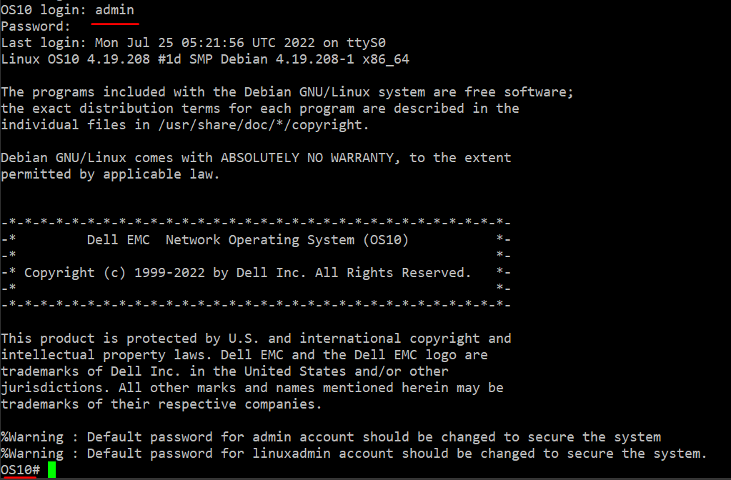 Inicio de sesión correcto en el shell de OS10