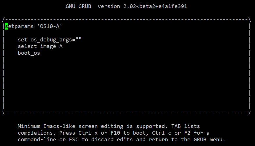 Menu de l’éditeur GNU GRUB 10.5.2.x ou version ultérieure
