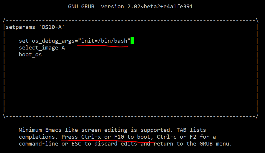 GNU GRUB エディターメニュー 10.5.2.x 以降のコマンド init=/bin/bash