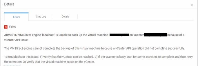 details dialogue box of errors of failed backup of host