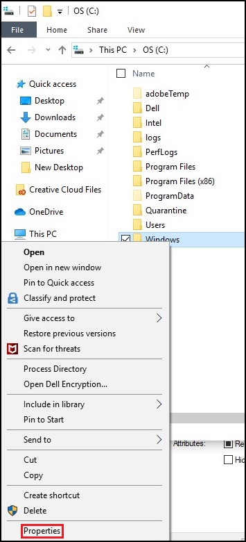 Windows 파일 탐색기, C 드라이브 Windows 폴더 속성 옵션
