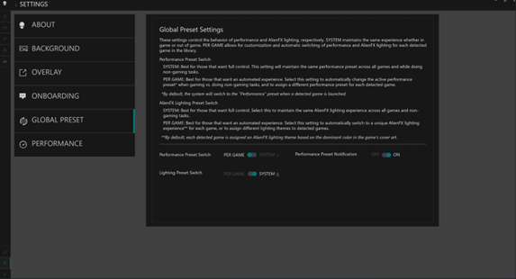 Lighting Preset Switch set to System