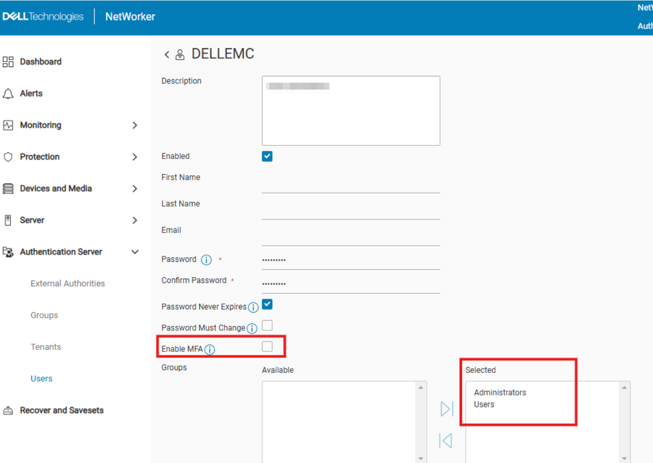NWUI MFA option is unavailable when Administrators group is selected