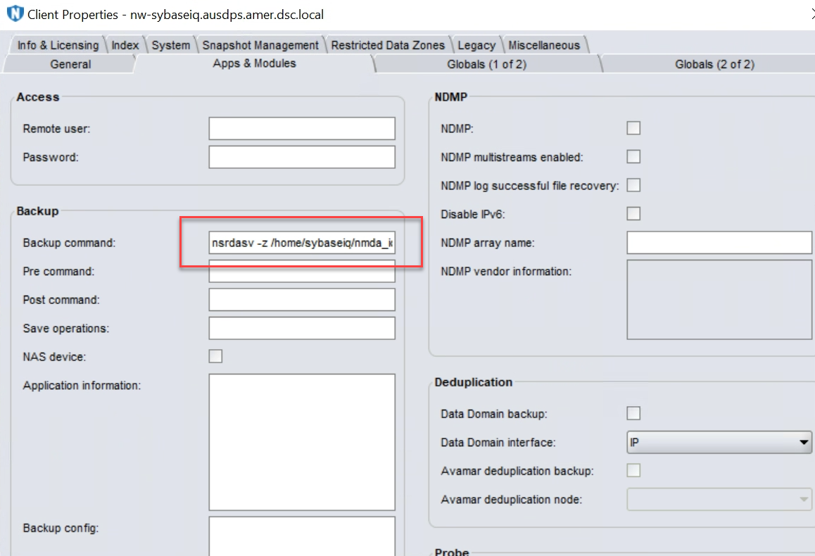Chiave nel comando di backup