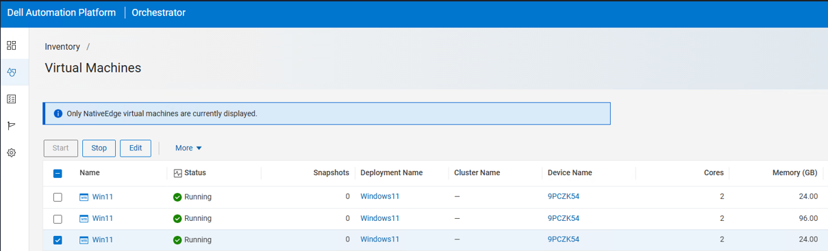 Automation Platform UI VM list