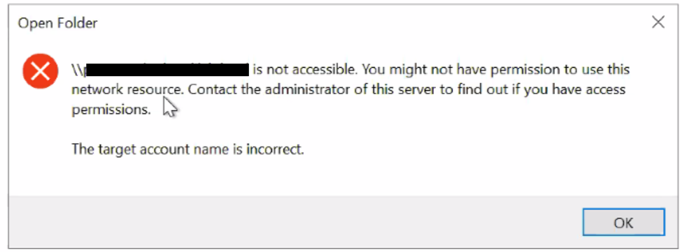 screenshot of error message "The target account name is incorrect"