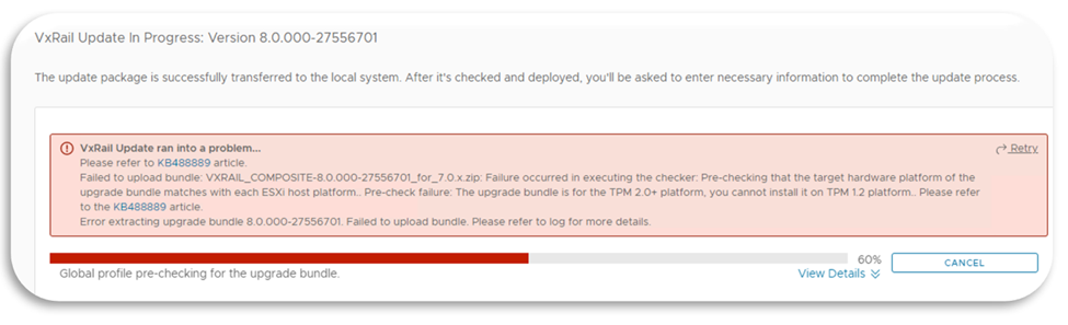 Screenshot of error during precheck