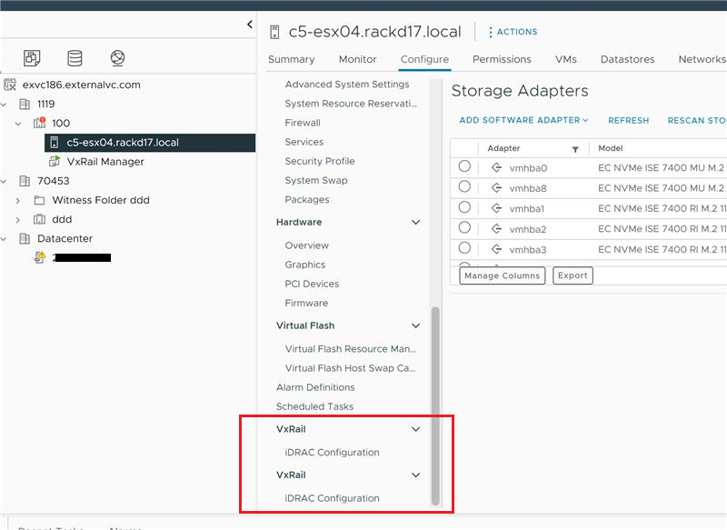 Capture d’écran indiquant les options en double du plugin VxRail