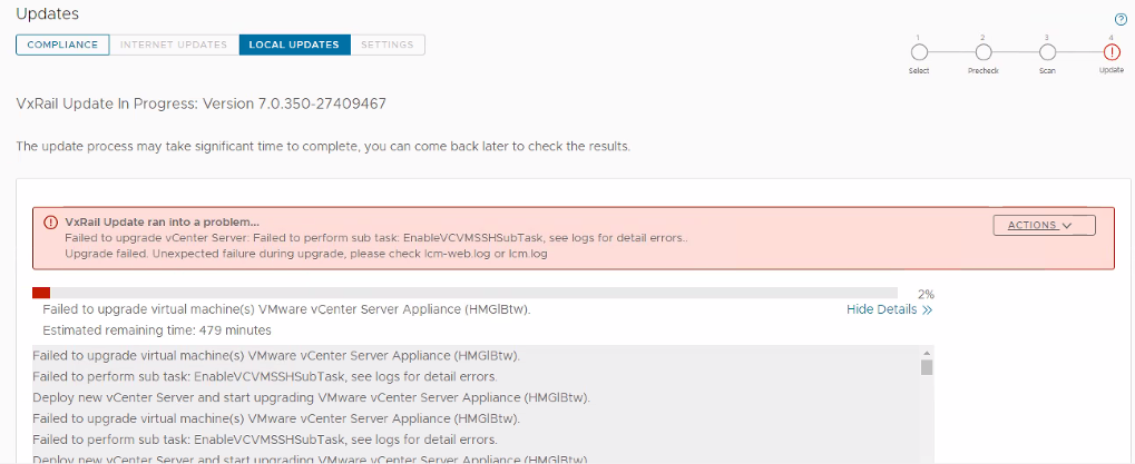 Captura de pantalla del error de actualización en el plug-in
