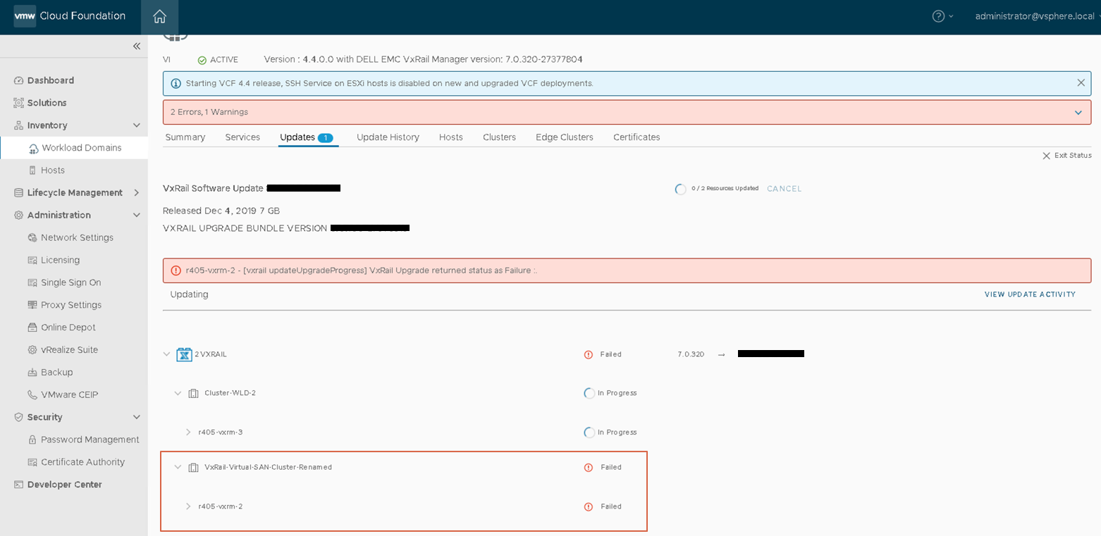 Screenshot of update failure 