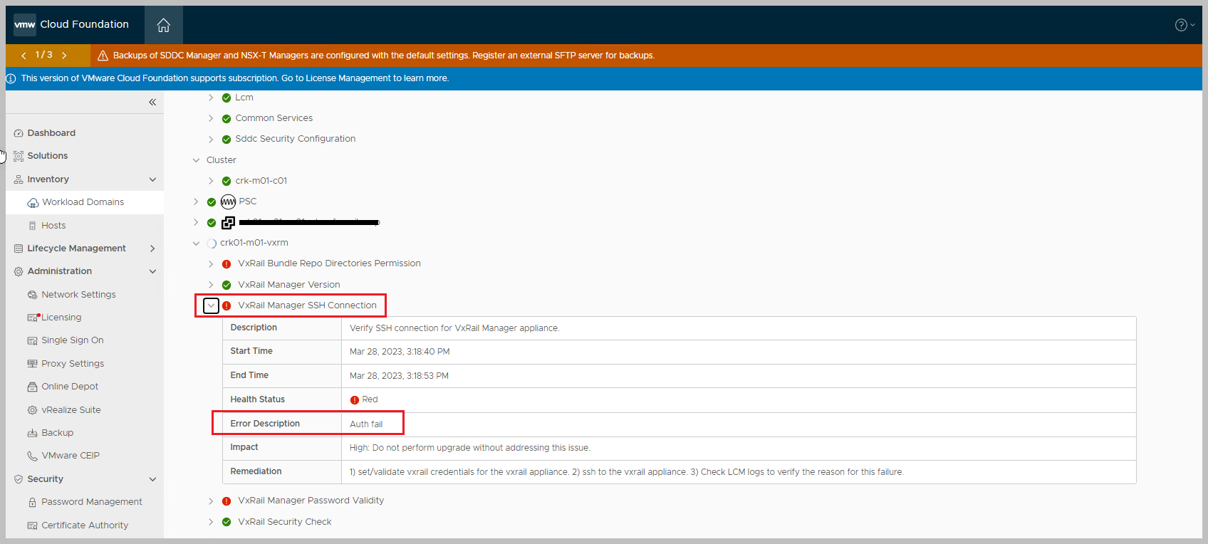 Screenshot showing the authentication error