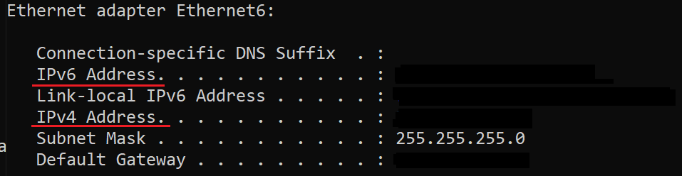 Schermata di ipconfig che mostra il dual-stack