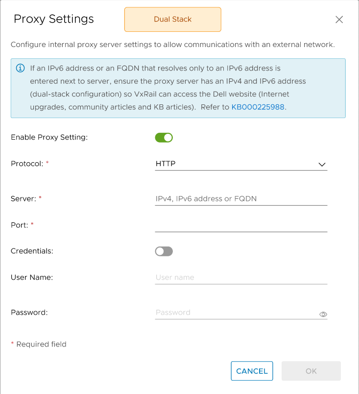 Screenshot della configurazione proxy