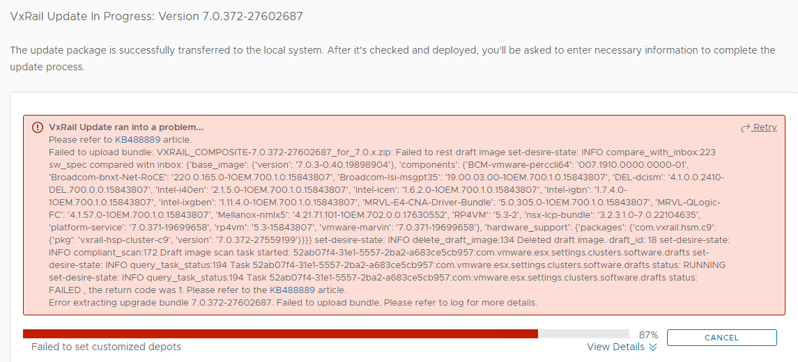The uprade failed at Failed to set customized depots