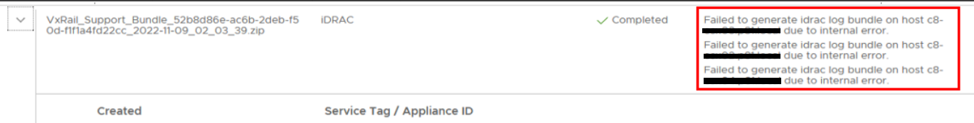 iDRAC log from VxRail plugin, an&nbsp;internal error message is shown on the UI.
