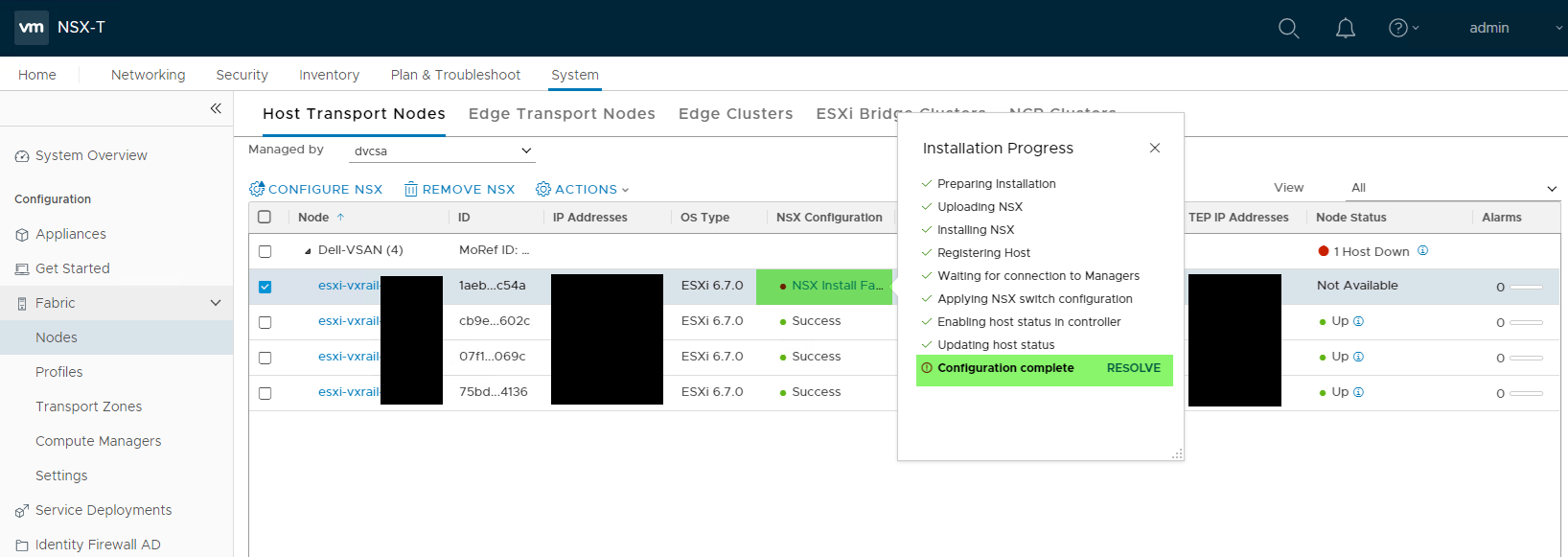 NSX-T 成功更新的螢幕擷取畫面