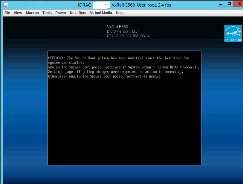 Boot notification screen indicating the secure boot settings were changed
