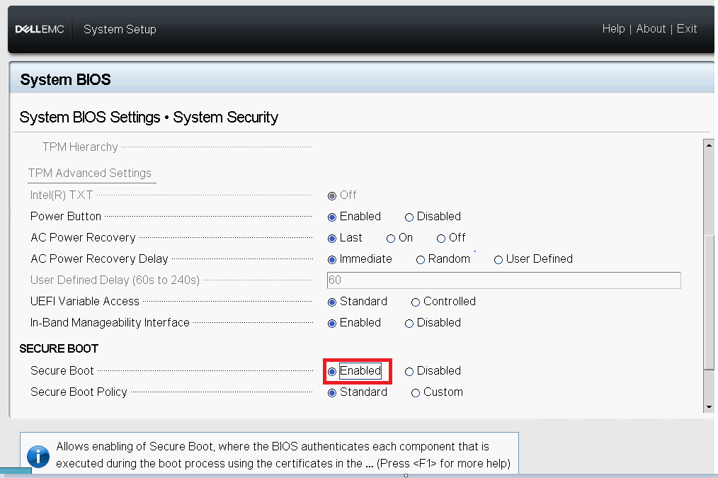 Screenshot of the secure boot option in the bios
