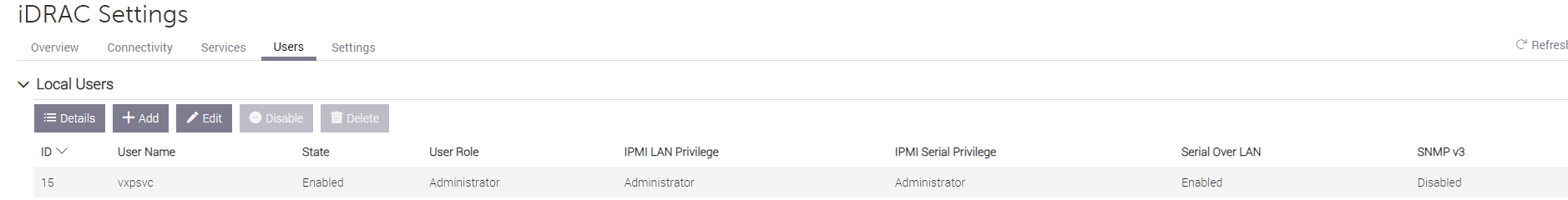 Captura de pantalla de iDRAC que muestra el usuario de servicio necesario