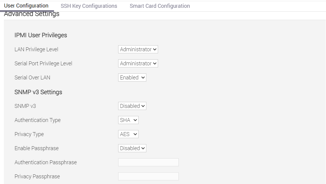 Captura de pantalla de iDrac que muestra los permisos de usuario de servicio necesarios en la configuración avanzada