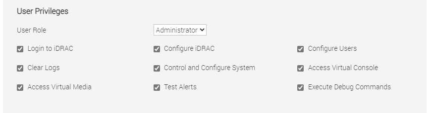 显示所需服务用户权限的 iDrac 屏幕截图